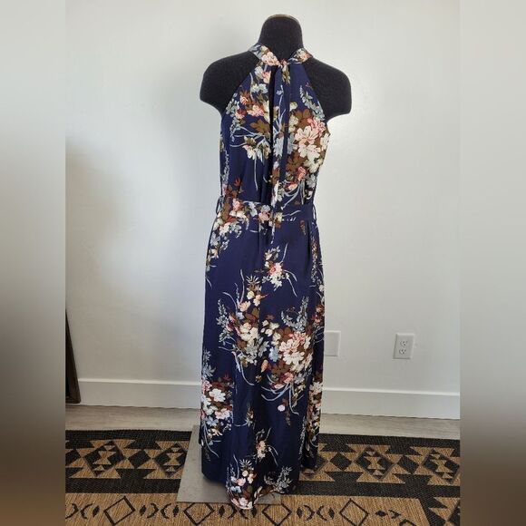 Blue Floral Halter Neck Maxi Dress Vacation Beach Pool Resort Indie Belt Small - Picture 6 of 10
